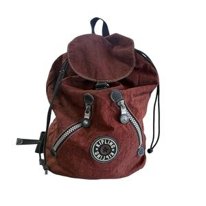 VTG 90s Kipling Backpack Brick Red Nylon Everyday Travel Commute Drawstring